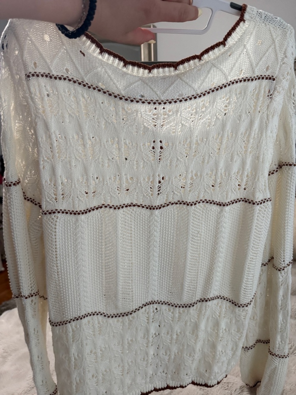 Cream Knit Cardigan with Brown Trim - Women's Cowl & Turtleneck - Picture 7 of 7